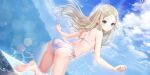  1girl ass back barefoot bikini blonde_hair blue_reflection blue_reflection_sun blue_sky blush breasts cloud day feet floating_hair foot_out_of_frame game_cg grey_eyes highres kishida_mel long_hair looking_at_viewer looking_back morisaki_alesia_yu non-web_source outdoors parted_bangs side-tie_bikini_bottom sky small_breasts smile soles solo sunlight swimsuit toes water white_bikini 