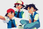  1boy :d ash_ketchum backwards_hat baseball_cap black_eyes black_hair closed_mouth commentary_request hat jacket knhrpnkt male_focus multiple_views open_clothes open_jacket open_mouth outstretched_arm pants pokemon pokemon_(anime) pokemon_(classic_anime) red_headwear shirt shoes short_hair short_sleeves sitting smile sneakers tongue watermark 