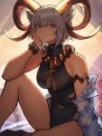  1girl animal_ears arknights black_one-piece_swimsuit breasts carnelian_(arknights) carnelian_(shimmering_dew)_(arknights) dark-skinned_female dark_skin distr goat_ears goat_girl goat_horns highres horns jewelry large_breasts looking_at_viewer official_alternate_costume one-piece_swimsuit red_eyes short_hair solo swimsuit white_hair 
