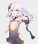  1girl :o armpits bare_shoulders black_dress breasts center_opening clothes_lift dress english_commentary ever_(nann2013) girls&#039;_frontline grey_hair hair_ornament headgear heterochromia highres lifted_by_self narciss_(girls&#039;_frontline) nipples open_mouth paradeus pink_eyes short_hair simple_background small_breasts solo white_background white_hair yellow_eyes 