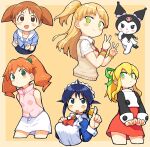  +_+ 6+girls andou_mahoro apron azumanga_daioh bachera blonde_hair blue_dress blue_hair blush_stickers breasts brown_hair clenched_hand closed_mouth collared_shirt commentary_request cropped_torso double_v dress fingerprint frilled_apron frills green_background green_eyes hair_ribbon hand_on_own_chest hands_up highres idolmaster idolmaster_cinderella_girls index_finger_raised jougasaki_rika juliet_sleeves junmai_karin kuromi long_hair long_sleeves looking_at_viewer looking_to_the_side mahoromatic maid maid_apron maid_headdress medarot medium_breasts mihama_chiyo multiple_girls neck_ribbon notice_lines onegai_my_melody open_mouth ponytail puffy_sleeves red_ribbon ribbon roll_(mega_man) sailor_collar sanrio school_uniform shirt short_sleeves short_twintails simple_background smile sweat sweater_vest twintails two-tone_background upper_body v v-shaped_eyebrows white_apron white_background white_sailor_collar white_shirt yellow_background yellow_ribbon 