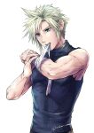  1boy absurdres bandaged_arm bandages bare_shoulders blonde_hair blue_eyes blue_shirt cloud_print earrings final_fantasy final_fantasy_vii final_fantasy_vii_remake highres holding_own_arm jewelry male_focus mouth_hold ribbon ribbon_in_mouth shirt short_hair single_earring sleeveless sleeveless_turtleneck solo spiked_hair toned toned_male turtleneck twitter_username warori_anne white_background 