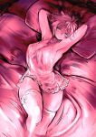  1girl adventurer_(ff11) animal_ears arms_up bare_shoulders blanket breasts cat_ears cat_girl cat_tail cleavage closed_mouth doraeshi final_fantasy final_fantasy_xi head_on_pillow highres large_breasts lingerie lying mithra_(ff11) on_back on_bed pillow pink_theme short_hair solo tail thighhighs thighs underwear 