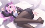  1girl :q \n/ adult_neptune artist_name ass binato_lulu black_jacket black_skirt blush breasts brown_pantyhose closed_mouth commentary_request d-pad d-pad_hair_ornament feet fine_fabric_emphasis foot_out_of_frame hair_between_eyes hair_ornament indoors jacket jewelry knees_together_feet_apart large_breasts legs long_hair long_sleeves looking_at_viewer lying messy necklace neptune_(series) no_shoes on_side pantyhose paper pencil_skirt pink_hair purple_eyes shirt signature skirt smile solo suit thighs tongue tongue_out twitter_suki very_long_hair white_shirt 