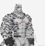  1boy abs absurdres animal_ears arknights bandaged_hand bandages bara belt black_belt bulge chain_necklace cowboy_shot dryskeleton_(drawing_jimmy) facial_hair furry furry_male goatee highres jewelry large_hands large_pectorals looking_at_viewer male_focus mountain_(arknights) muscular muscular_male necklace nipples pants pectorals scar scar_across_eye scar_on_arm short_hair solo stomach thick_arms thick_eyebrows tiger_boy tiger_ears topless_male white_hair white_pants 