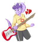  &lt;3 anthro ceratopsian clothed clothing dinosaur facial_horn female freckles goodbye_volcano_high grin guitar hair hoodie horn markings musical_instrument ornithischian plucked_string_instrument purple_body purple_eyes purple_hair reptile scalie simple_background smile snoot_game_(fan_game) solo string_instrument topwear triceratops trish_(gvh) unknown_artist white_background 