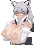  1girl alternate_breast_size animal_ear_fluff animal_ears bare_shoulders belt black_hair blush bow bowtie breasts breasts_out buttons canadian_lynx_(kemono_friends) center_opening colored_inner_hair detached_sleeves extra_ears fur-trimmed_sleeves fur_scarf fur_trim furrowed_brow grey_hair hair_between_eyes half-closed_eyes hands_up highres huge_breasts huge_nipples kemono_friends large_areolae long_hair looking_at_viewer lynx_ears multicolored_hair nipples no_bra parted_lips partially_unbuttoned puffy_nipples scarf seductive_smile shibori_kasu shirt simple_background smile solo upper_body white_background white_hair yellow_eyes 