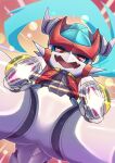  2023 anthro bandai_namco capcom clothed clothing cosplay digimon digimon_(species) fan_character horn looking_at_viewer mega_man_(series) red_clothing shoru shoru_(character) solo spread_legs spreading teeth tongue veemon zero_(mega_man) 