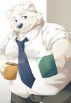  2023 absurd_res anthro bear belly big_belly black_nose blue_eyes boar_stag144 clothing hi_res kemono male mammal mug necktie overweight overweight_male polar_bear shirt solo topwear underwear ursine 