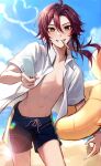  1boy absurdres blue_sky dark_red_hair food genshin_impact green_eyes hair_between_eyes highres innertube long_hair male_focus male_swimwear mole mole_under_eye multicolored_hair navel open_clothes open_shirt popsicle pponnya red_hair shikanoin_heizou shirt sky solo stomach streaked_hair swim_trunks swimsuit white_shirt 