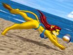  2023 absurd_res anthro ball beach bikini bikini_bottom bikini_top breasts butt cleavage clothed clothing felid female fur hair hi_res lion mammal mykegreywolf pantherine red_hair sand sea seaside solo sport swimwear volleyball volleyball_(ball) water yellow_body yellow_fur 