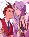  2boys ace_attorney antenna_hair apollo_justice aqua_eyes bead_necklace beads blue_necktie braid brown_eyes brown_hair closed_mouth collared_shirt crossed_arms earrings eye_contact facial_mark forehead_jewel forehead_mark jacket jewelry lapel_pin lapels long_hair long_sleeves looking_at_another magatama male_focus multiple_boys nahyuta_sahdmadhi necklace necktie parted_bangs purple_hair red_vest shino_(shino_dgs) shirt sidelocks single_braid sleeves_rolled_up upper_body vest white_background white_jacket white_shirt 
