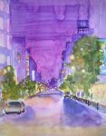  billboard building car city highres motor_vehicle night night_sky no_humans original painting_(medium) plant purple_sky road sakaue111 scenery sky street traditional_media tree 