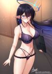  1girl adsouto black_hair blue_archive blue_eyes blue_hair breasts collarbone colored_inner_hair earrings glasses halo highres jewelry large_breasts lingerie looking_at_viewer multicolored_hair navel rin_(blue_archive) semi-rimless_eyewear signature solo tablet_pc two-tone_hair under-rim_eyewear underwear wind wind_lift 