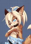  2023 anthro blue_eyes breasts brown_body brown_fur convenient_censorship covering covering_breasts doki_(teranen) female fur hand_on_breast hi_res inner_ear_fluff pattern_background shaded signature simple_background solo surryfox tuft 