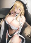  1girl azur_lane bare_shoulders between_breasts black_gloves blonde_hair breast_cutout breasts cleavage covered_navel cowboy_shot fake_horns from_above gloves habit hair_between_eyes half_gloves highres horns huge_breasts implacable_(azur_lane) long_bangs long_hair looking_at_viewer no_panties nori_aji nun pelvic_curtain red_eyes revealing_clothes see-through solo standing thighhighs two-tone_dress veil very_long_hair white_horns white_thighhighs 