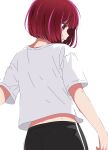  arima_kana back black_pants highres kusana_(kusana47454281) looking_to_the_side open_mouth oshi_no_ko pants red_eyes red_hair shirt short_hair sweat t-shirt unhappy white_background white_shirt 