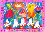  closed_eyes english_commentary flower framed heart multicolored_background multiple_others mushroom no_humans oddrabid original plant pop_art rabbit red_scarf scarf surreal walking water water_drop 