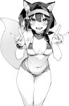  1girl absurdres animal_ears bare_legs bikini blue_archive blush breasts feet_out_of_frame fox_ears fox_girl fox_shadow_puppet greyscale highleg highleg_bikini highres izuna_(blue_archive) izuna_(swimsuit)_(blue_archive) looking_at_viewer medium_breasts menea micro_shorts monochrome navel open_mouth short_hair shorts simple_background smile solo striped striped_bikini swimsuit tail visor_cap 