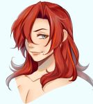  1girl aiphelix blue_eyes collarbone dark_red_hair grey_eyes hair_over_one_eye highres long_hair looking_at_viewer mole mole_under_mouth original simple_background sketch smile upper_body 