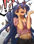  !? 2girls ^^^ animal_ears bare_arms behind_another black_hair blue_eyes blush bra_strap breasts breasts_squeezed_together cleavage commentary_request drawstring fang fuji_kiseki_(umamusume) grey_hair grin hair_between_eyes hair_ornament hairclip hand_on_another&#039;s_stomach hands_up highres hishi_amazon_(umamusume) horse_ears horse_girl horse_tail long_bangs long_hair looking_at_another midriff_peek multicolored_hair multiple_girls navel nitoromanbo open_mouth pants parted_bangs pink_shirt pocket purple_hair red_eyes shirt simple_background smile stomach surprised t-shirt tail tail_raised tan two-tone_hair umamusume v-shaped_eyebrows very_long_hair white_background 