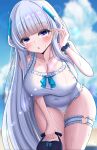  1girl :o absurdres arm_up bag beach blue_archive blue_sky blunt_bangs blurry blurry_background blush breasts cleavage cloud covered_navel day grey_hair hair_ornament highres holding holding_bag kumanosora large_breasts long_hair looking_at_viewer noa_(blue_archive) ocean one-piece_swimsuit open_mouth purple_eyes scrunchie sky solo standing swimsuit thigh_strap very_long_hair wet white_hair white_one-piece_swimsuit wrist_scrunchie 
