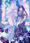  2girls bare_shoulders black_eyes black_flower black_hair blue_butterfly breasts bug butterfly closed_mouth day dress falling_petals flower hair_between_eyes hair_flower hair_ornament head_tilt highres indoors leaning_to_the_side long_dress long_hair looking_at_viewer medium_breasts mishiro_(iromishiro) multiple_girls original petals plant puffy_short_sleeves puffy_sleeves raised_eyebrows rose short_sleeves sidelocks sitting sleeveless sleeveless_dress smile vines white_dress white_eyes white_flower white_hair windowsill 