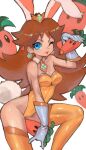  1girl animal_ears arched_back bare_shoulders blue_eyes blush breasts brown_hair cameltoe carrot crown dakusuta detached_collar earrings fake_animal_ears flower_earrings gloves heart highleg highleg_leotard highres jewelry leotard long_hair looking_at_viewer mario_(series) necktie one_eye_closed orange_leotard orange_necktie orange_thighhighs playboy_bunny princess princess_daisy rabbit_ears rabbit_tail smile solo strapless strapless_leotard tail thighhighs tongue tongue_out white_background white_gloves 