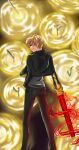  absurdres black_footwear black_jacket black_pants blonde_hair gate_of_babylon_(fate) gilgamesh_(fate) gilgamesh_(immoral_biker_jacket)_(fate) golden_sword highres holding holding_sword holding_weapon jacket non-web_source pants red_eyes shirt sword weapon white_shirt 