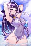  1girl ahoge animal_ears arm_tattoo black_hair blue_choker breasts cetacean_tail choker cleavage cloud cloudy_sky covered_navel facial_tattoo fins fish_tail grey_one-piece_swimsuit heart heart-shaped_pupils heart_ahoge highres indie_virtual_youtuber large_breasts long_hair looking_at_viewer multicolored_hair nypo one-piece_swimsuit orca_girl purple_eyes see-through_swimsuit shylily sky solo streaked_hair swimsuit symbol-shaped_pupils tail tattoo two-tone_swimsuit virtual_youtuber whale_girl white_hair white_one-piece_swimsuit 