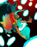  1boy blonde_hair child commentary commentary_request dofus fantasy glowing glowing_eyes gradient_background green_headwear hair_between_eyes hat kickstarter looking_at_viewer magic male_focus portal_(object) shorts slippers solo uhhh_snaps wakfu yugo_(wakfu) 