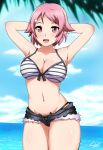  1girl alternate_costume armpits arms_behind_head beach bikini breasts cleavage commission english_commentary freckles front-tie_top groin highres large_breasts legs lisbeth_(sao) looking_at_viewer navel ocean open_fly open_mouth paid_reward_available pink_eyes pink_hair short_hair smile solo sonicbluespeed striped striped_bikini swimsuit sword_art_online thighs water 