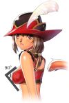  1girl :o animal_nose avatar_(ff11) breasts brown_eyes brown_hair cat_girl cat_tail covered_nipples facial_mark fang feathers final_fantasy final_fantasy_xi hair_between_eyes hat hat_feather long_hair low-tied_long_hair medium_breasts mithra_(ff11) open_mouth red_mage simple_background solo tail tail_raised taisai_soft upper_body whisker_markings white_background white_feathers 