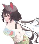  1girl :d animal_ears arm_behind_back bare_shoulders black_hair blush breasts dog_ears dog_girl dog_hair_ornament dog_tail fang floral_print green_skirt hair_between_eyes hair_ornament heterochromia highres inui_toko long_hair looking_at_viewer low_twintails medium_breasts nijisanji off_shoulder pleated_skirt print_skirt red_eyes roido_(taniko-t-1218) shirt short_sleeves simple_background skirt smile solo tail twintails very_long_hair virtual_youtuber white_background white_shirt yellow_eyes 