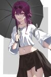  1girl absurdres alternate_costume black_skirt black_umbrella breasts commentary_request cowboy_shot crop_top eyewear_on_head grin highres holding holding_umbrella honkai:_star_rail honkai_(series) kafka_(honkai:_star_rail) long_hair long_sleeves looking_at_viewer medium_breasts midriff navel purple_eyes purple_hair round_eyewear shirt skirt smile solo standing stomach sunglasses talo_(63078778) thighs umbrella white_shirt wide_sleeves 