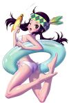  1girl ;d ass barefoot bikini black_eyes black_hair blush breasts flower hair_flower hair_ornament headband highres innertube jiminci looking_at_viewer low_twintails official_art one_eye_closed side-tie_bikini_bottom small_breasts smile soccer_spirits sunny_(soccer_spirits) swimsuit third-party_source twintails water_gun wet 