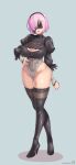  1girl 2b_(nier:automata) 2b_(nier:automata)_(cosplay) absurdres black_blindfold black_footwear black_hairband black_leotard blindfold boots breasts cleavage cleavage_cutout clothing_cutout commentary_request cosplay covered_eyes covered_navel dated fate/grand_order fate_(series) feather-trimmed_sleeves fingernails full_body grey_background groin guriguri_(arayotto4351) hair_over_one_eye hairband hand_on_own_hip high_heel_boots high_heels highleg highleg_leotard highres huge_breasts leather leather_boots leotard lips long_sleeves mash_kyrielight medium_hair nier:automata nier_(series) open_mouth pink_hair signature simple_background smile solo standing thick_thighs thigh_boots thighs vambraces white_leotard 