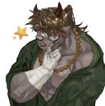  1boy animal_ears bandaged_arm bandages bara bead_necklace beads black_nails brown_fur brown_hair brown_horns catoblepas_(housamo) commentary furry furry_male gao_(gao_53937056) glasses green_kimono hand_to_own_mouth high_ponytail highres horns huge_eyebrows japanese_clothes jewelry kimono long_hair male_focus mixed-language_commentary muscular muscular_male necklace one_eye_closed open_clothes open_kimono pectorals simple_background solo star_(symbol) swept_bangs tokyo_afterschool_summoners upper_body white_background 