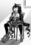  1girl animal_ear_fluff animal_ears book boots cat_ears cat_girl chair commentary_request detached_sleeves dress fold-over_boots full_body greyscale gun_fellatio_(shingeki_no_kyojin) karyl_(princess_connect!) long_hair looking_up low_twintails medium_bangs meme monochrome multicolored_clothes multicolored_dress multicolored_hair mushi_gyouza open_mouth parody princess_connect! shingeki_no_kyojin sitting solo staff streaked_hair thighhighs twintails very_long_hair 