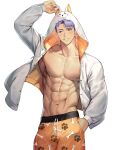  1boy abs absurdres animal_ears animal_hood animal_print bara bare_pectorals blue_eyes blush bone_print cowboy_shot dart_0001 dog_ears dog_hood dog_print hand_in_pocket highres hood hood_up hooded_jacket hoodie jacket kai_(dart_0001) looking_to_the_side male_focus multicolored_clothes multicolored_jacket muscular muscular_male navel nipples orange_jacket orange_pants original pants pectorals print_pants purple_hair short_hair smile solo sweatdrop two-tone_jacket white_background white_jacket 