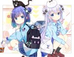  2girls :o absurdres angora_rabbit animal animal_on_head anko_(gochiusa) backpack bag bag_charm black_bow black_socks blue_eyes blue_hair blue_jacket blue_shirt blue_skirt blush bow brown_footwear cat charm_(object) closed_mouth clothes_around_waist collared_shirt commentary_request cup diagonal-striped_bow diagonal-striped_necktie disposable_cup double_bun drink drinking_straw fuiba_fuyu gochuumon_wa_usagi_desu_ka? hair_between_eyes hair_bow hair_bun hair_ornament highres holding holding_cup hood hood_down hooded_jacket jacket jacket_around_waist kafuu_chino kneehighs light_blue_hair loafers long_hair long_sleeves looking_at_viewer multiple_girls necktie on_head parted_lips plaid plaid_skirt pleated_skirt rabbit rabbit_hair_ornament ryoutan school_bag school_uniform shirt shoes short_hair skirt smile socks squatting stuffed_animal stuffed_rabbit stuffed_toy tippy_(gochiusa) v very_long_hair white_jacket white_socks x_hair_ornament 