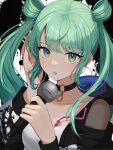  1girl aqua_eyes aqua_hair artist_name clothing_cutout collarbone commission eyelashes fingernails hatsune_miku highres holding holding_microphone hood hoodie long_hair looking_at_viewer microphone open_mouth project_sekai shoulder_cutout twintails vickie_(cryingrobot) vocaloid 