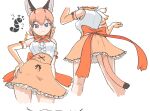  1girl animal_ears back_bow bare_shoulders blue_eyes blush bow bowtie brown_gloves brown_hair brown_skirt caracal_(kemono_friends) caracal_ears cat_ears cat_girl cat_tail center_frills elbow_gloves extra_ears frilled_skirt frills gloves hair_between_eyes high-waist_skirt kemono_friends kemono_friends_3 light_brown_hair looking_at_viewer multicolored_hair multiple_views nokemono-san_(bocchi_friend) orange_bow orange_bowtie shirt short_hair sidelocks skirt sleeveless smile solo tail two-tone_gloves two-tone_hair white_gloves white_shirt 