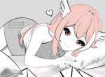  1girl bare_arms bare_shoulders feathered_wings grey_background greyscale hair_between_eyes heart highres indie_virtual_youtuber looking_at_viewer lying monochrome on_side pillowdear pink_hair red_eyes simple_background smile suezoomie watermark wings 