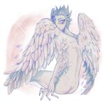  absurd_res anthro blush butt character digital_media_(artwork) fan_character feathered_wings feathers hair hi_res humanoid invalid_tag kryzyasha looking_at_viewer male monster not_furry nude original_content simple_background solo wings 