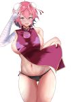  1girl absurdres bandaged_arm bandages black_panties breasts bun_cover cowboy_shot double_bun hair_bun highres ibaraki_kasen lace-trimmed_panties lace_trim large_breasts lifted_by_self looking_at_viewer navel open_mouth panties pink_eyes pink_hair purple_tabard short_hair side-tie_panties siegs_wurm simple_background smile solo standing string_panties tabard tabard_lift thigh_gap touhou underwear white_background 