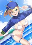  1girl absurdres ahoge artoria_pendragon_(fate) baseball_cap beach bikini blonde_hair blue_eyes blue_headwear blue_jacket blue_sky blush breasts cleavage cropped_jacket fate/grand_order fate_(series) hair_between_eyes hair_through_headwear hat highres jacket kurozawa_yui large_breasts long_hair long_sleeves looking_at_viewer mysterious_heroine_xx_(fate) navel ocean open_mouth ponytail shrug_(clothing) sidelocks sky smile solo swimsuit thighs white_bikini wristband 