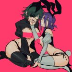  2girls animal_ears bar_censor black_thighhighs breasts censored chainsaw_man detached_sleeves eyepatch fake_animal_ears fake_tail green_eyes green_hair hair_between_eyes hair_bun hair_over_one_eye hairband hand_on_another&#039;s_chin highres himeno_(chainsaw_man) juliet_sleeves large_breasts liowig long_sleeves looking_at_viewer multiple_girls panties pink_background playboy_bunny puffy_sleeves purple_hair rabbit_ears rabbit_tail reze_(chainsaw_man) seiza short_hair side-tie_panties simple_background single_hair_bun sitting small_breasts tail thighhighs underwear white_sleeves white_thighhighs 