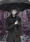  1girl absurdres benikusochan black_dress black_flower black_hair black_umbrella dress expressionless flower hand_up highres long_sleeves looking_at_viewer medium_hair muted_color original solo tree umbrella 