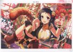  1girl absurdres animal_ears black_hair breasts cleavage fake_animal_ears fake_tail flower highres indoors large_breasts long_hair looking_at_viewer midriff official_art open_mouth page_number paw_pose petals red_eyes scan senran_kagura senran_kagura_new_link shiny_skin simple_background smile solo tail thighhighs yaegashi_nan 